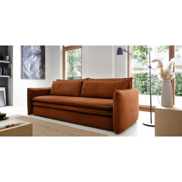 Sofa z funkcją spania i pojemnikiem Tilia Slim, miedziana, sztruks