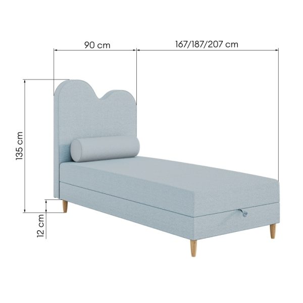 Łóżko dziecięce boxspring z pojemnikiem Wave 160/180/200x90 cm, niebieskie, welur