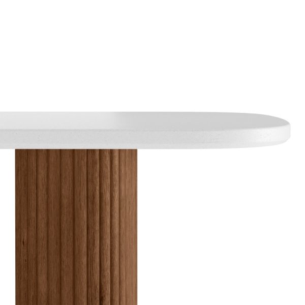 Stół ogrodowy Rovigo 220 cm z kamiennym blatem, ciemne drewno akacjowe/jasnobeżowy, obłe kształty, lamele