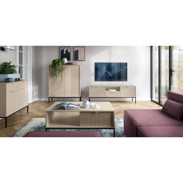 Komoda dwudrzwiowa Nova Beige, beż piaskowy/czarne nogi, ryflowana