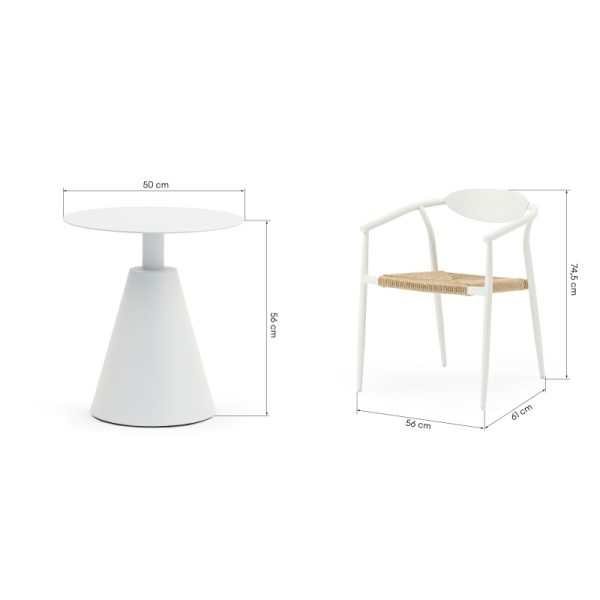 Zestaw ogrodowy Piretto stolik 50 cm + 2 krzesła, aluminiowy, technorattan, biały, naturalny