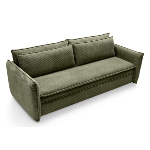 Sofa z funkcją spania i pojemnikiem Tilia Slim, oliwkowozielona, sztruks