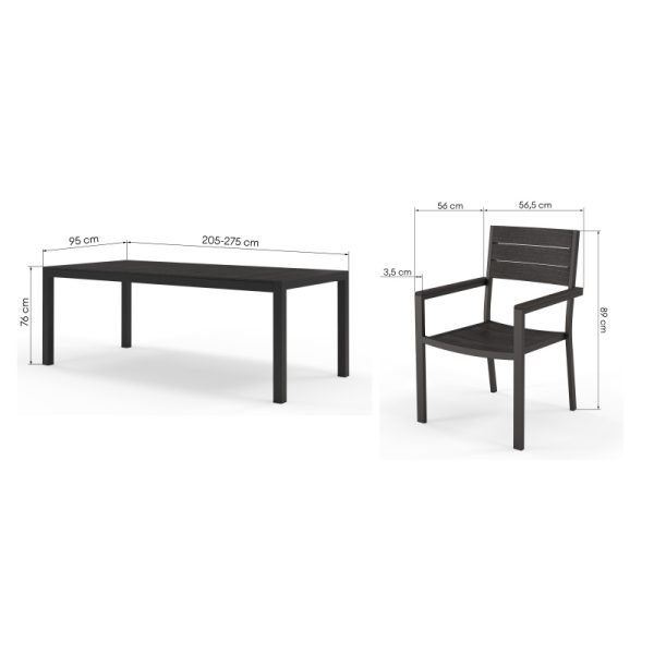 Zestaw ogrodowy Orrios stół rozkładany 205-275 cm + 10 krzeseł, aluminiowy, czarny, polywood