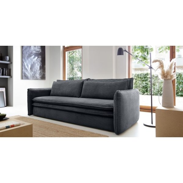 Sofa z funkcją spania i pojemnikiem Tilia Slim, ciemnoszara, sztruks