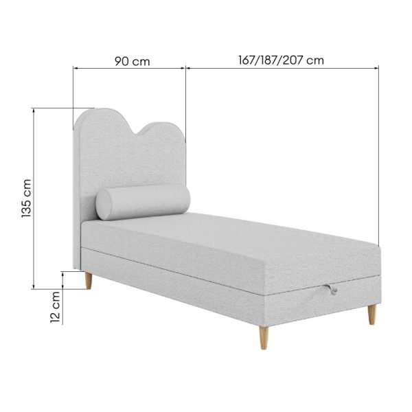 Łóżko dziecięce boxspring z pojemnikiem Wave 160/180/200x90 cm, jasnoszare, welur