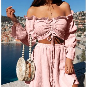 Muślinowy komplet bluzka i spodenki - KORSO - pudrowy róż