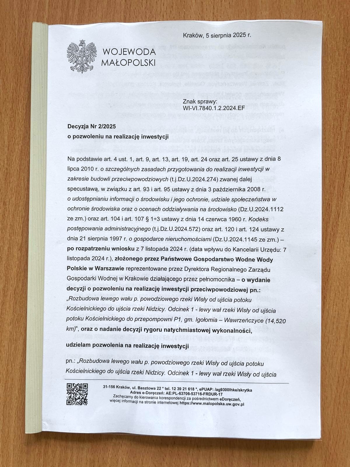 „Zielone światło" dla rozbudowy wału przeciwpowodziowego Wisły w gminie Igołomia-Wawrzeńczyce. Źródło: Małopolski Urząd Wojewódzki w Krakowie.