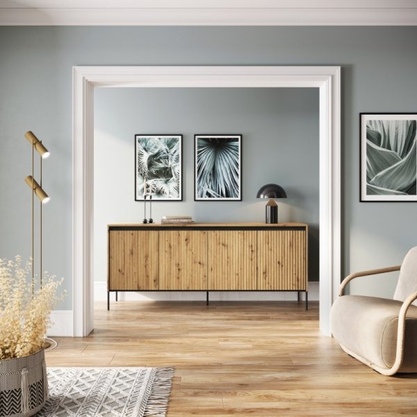 Komoda czterodrzwiowa Trend, 193 cm, oświetlenie LED, dąb artisan/czarna, ryflowany front