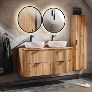 Zestaw Adel Oak szafka pod umywalkę, blat i słupek łazienkowy 120 cm, dąb wotan