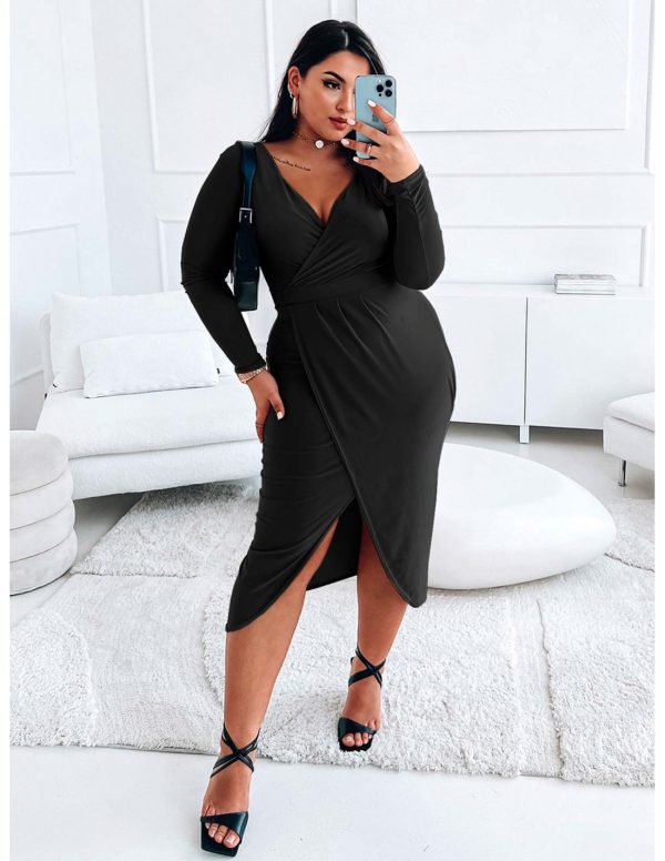 Wizytowa midi sukienka PLUS SIZE z długim rękawem ELISSA - czarna