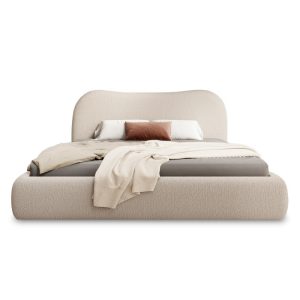 Łóżko tapicerowane Rosario 160x200 cm ze stelażem i pojemnikiem, zaokrąglone, beżowe, boucle