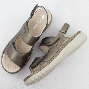 Skórzane sandały damskie na rzep metaliczne brązowe Rieker 60462-90