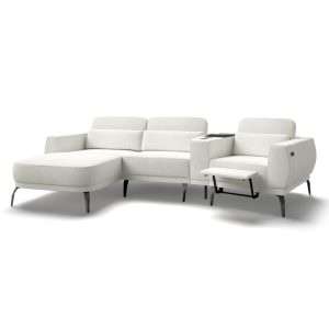 Narożnik Velumo z regulowanym oparciem i elektrycznie wysuwanym podnóżkiem, USB, ładowarka indukcyjna, jasnobeżowy, boucle, lewy