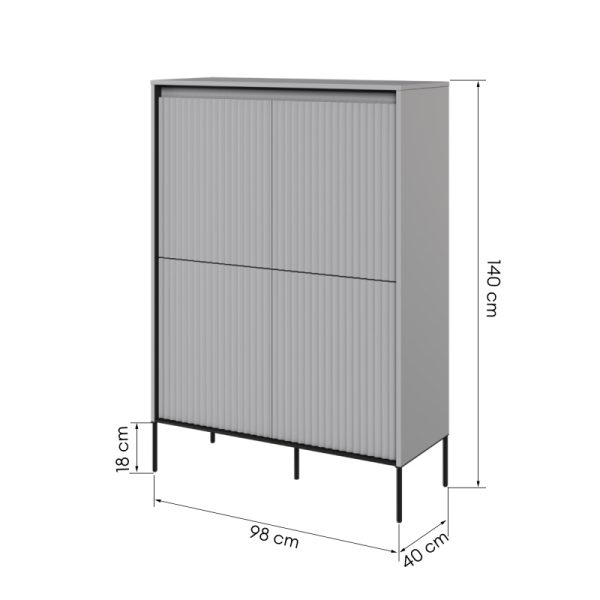 Komoda czterodrzwiowa Trend, 98 cm, oświetlenie LED, szara/czarna, ryflowany front