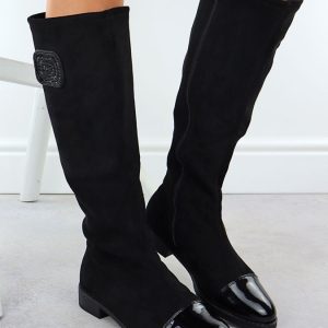 Kozaki zamszowe lakierowane damskie czarne M.Daszyński MR2251-19