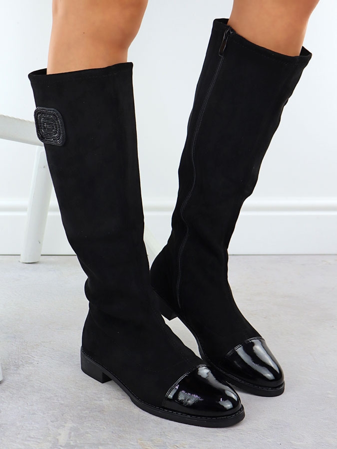 Kozaki zamszowe lakierowane damskie czarne M.Daszyński MR2251-19