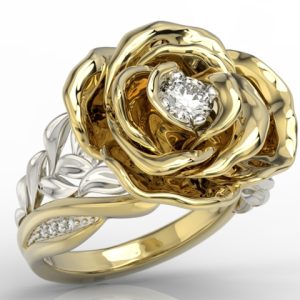 Pierścionek z żółtego i białego złota w kształcie róży z diamentami AP-95ZB
