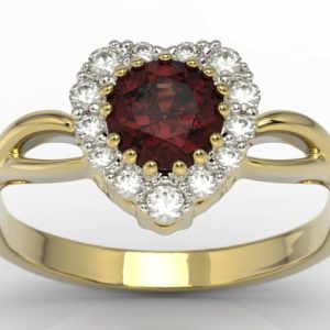 Pierścionek w kształcie serca z żółtego złota z granatem i diamentami AP-77Z