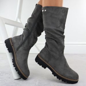 Kozaki damskie ocieplane marszczone szary M.Daszyński SA259-3