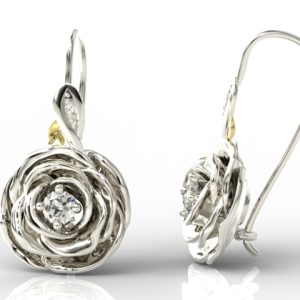 Kolczyki w kształcie róży z białego i żółtego złota z diamentami APK-95BZ