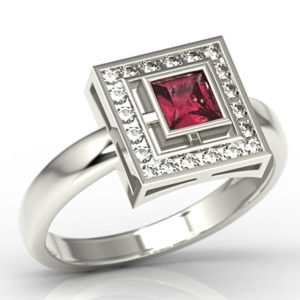 Pierścionek z białego złota z rubinem i diamentami LP-68B