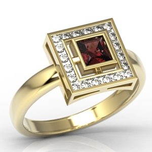 Pierścionek z żółtego złota z granatem i diamentami LP-68Z