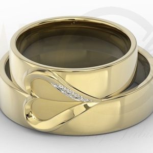 Obrączki ślubne z sercem, z żółtego złota w damskiej diamenty (para) OB-01Z-R-D
