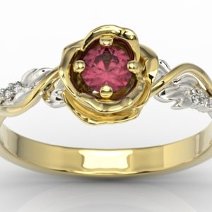 Pierścionek złoty w kształcie róży z rubinem i brylantami LP-7730ZB