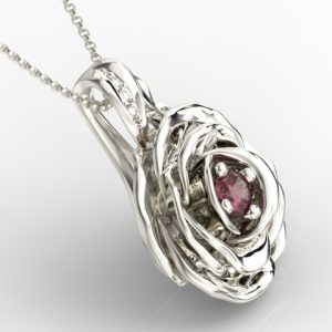 Wisiorek z białego złota w kształcie róży z rubinem i diamentami APW-95B