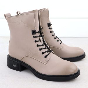Skórzane botki na klocku damskie beżowe Vinceza 26-39955