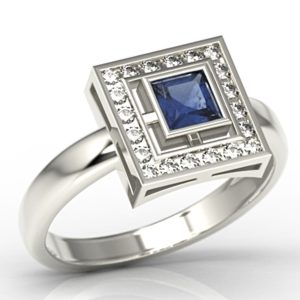 Pierścionek z białego złota z szafirem i diamentami LP-68B