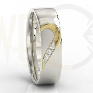 Obrączki ślubne z sercem, z białego palladowego i żółtego złota, w damskiej diamenty (para) OB-01BZ-R