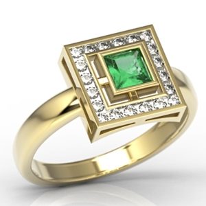 Pierścionek z żółtego złota ze szmaragdem i diamentami LP-68Z