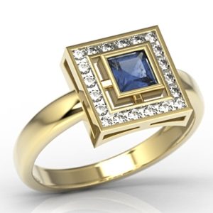 Pierścionek z żółtego złota z szafirem i diamentami LP-68Z