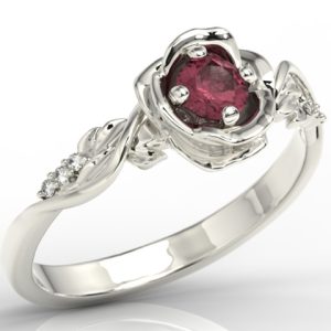 Pierścionek z białego złota w kształcie róży z rubinem i brylantami LP-7730B