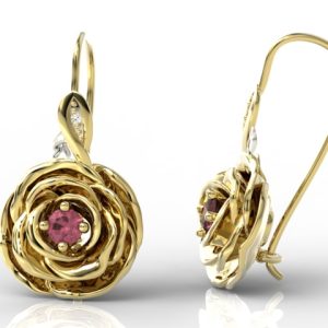 Kolczyki w kształcie róży z żółtego i białego złota z rubinami i diamentami APK-95ZB