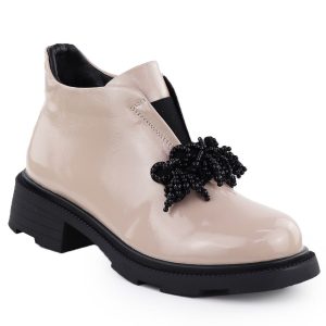 Skórzane botki damskie z ozdobą lakierowane beżowe Filippo DBT6370