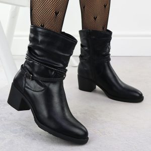 Marszczone botki na klocku damskie czarne Jezzi ASA128-63