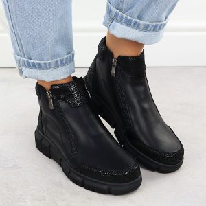 Skórzane botki damskie na podwyższeniu czarne Jezzi 9309