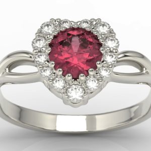 Pierścionek w kształcie serca z białego złota z rubinem i cyrkoniami AP-77B-C