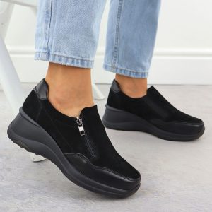 Skórzane półbuty sneakersy damskie na koturnie czarne Filippo DP6473