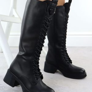 Skórzane kozaki damskie sznurowane oficerki na klocku czarne Vinceza 66804