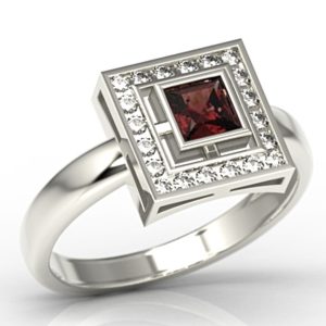 Pierścionek z białego złota z granatem i diamentami LP-68B