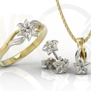 Komplet - Pierścionek, kolczyki i wisiorek z żółtego i białego złota z diamentem BP-14ZB/BP-15ZB ZESTAW