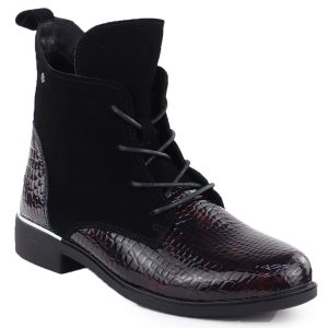 Skórzane lakierowane zamszowe botki damskie ocieplane ciemny brąz Filippo DBT4749