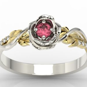 Pierścionek złoty w kształcie róży z rubinem i brylantami LP-7715BZ