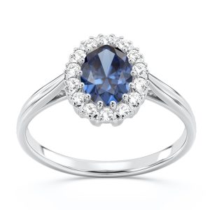 Pierścionek markiza z białego złota z szafirem i diamentami 0,21 ct wzór BP-12B