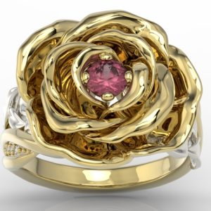 Pierścionek z żółtego i białego złota w kształcie róży z rubinem i cyrkoniami AP-95ZB-C