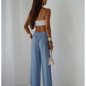 Stylowe lniane spodnie z szerokimi nogawkami ARIELLE - niebieskie