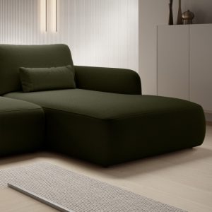 Narożnik rozkładany Mossa z pojemnikiem, prawostronny, ciemnozielony, obłe kształty